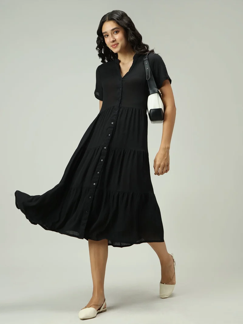 OUTZIDR Black Button Down Tiered Midi